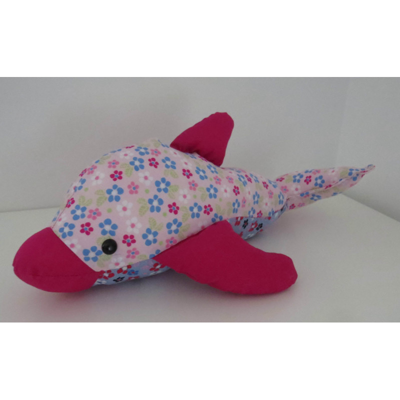 knuffel dolfijn roze met blauw bloemen 42cm