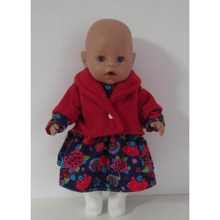 winterjurk setje donker blauw bloemen rood baby born 43cm